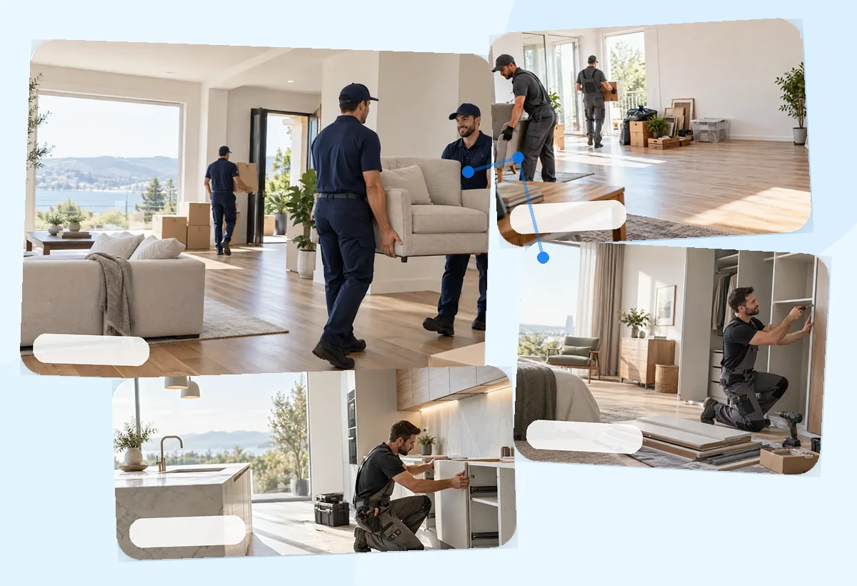 Verschiedene Dienstleistungen wie Umzug, Entrümpelung, Möbelmontage und Küchenmontage